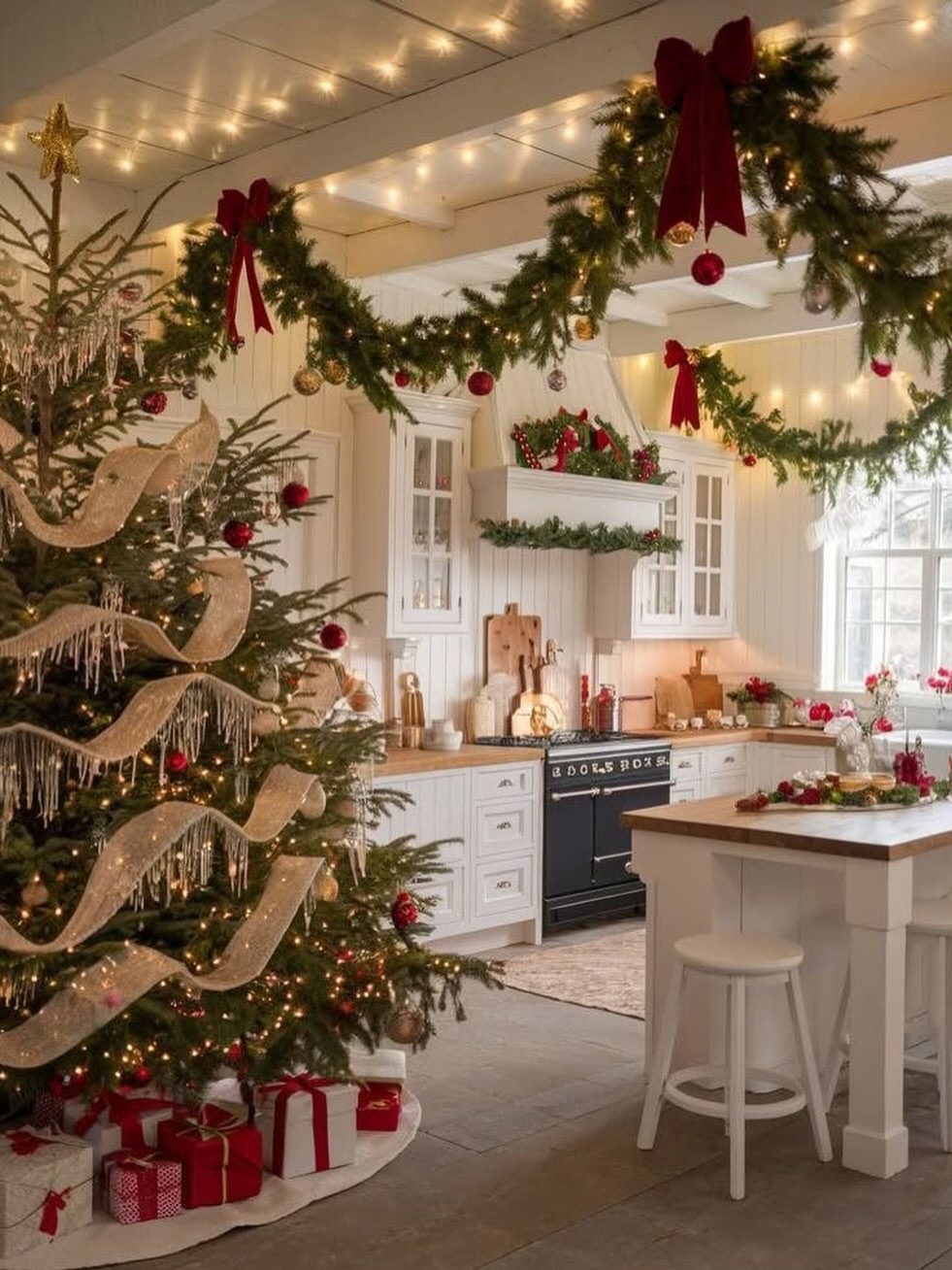 16. Festive Farmhouse Kitchen with Layered Garland and Tree Decor - christmas decor kitchen ideas