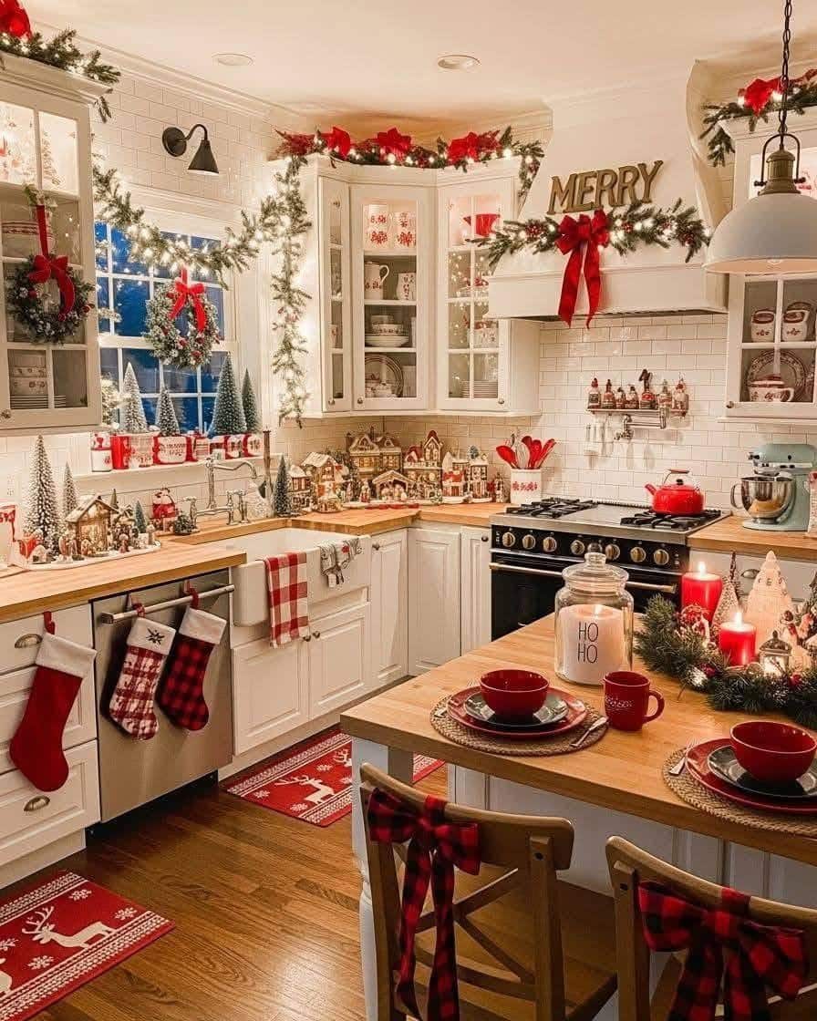 20. Traditional White Kitchen with Rich Red Accents and Layered Decor - christmas decor kitchen ideas