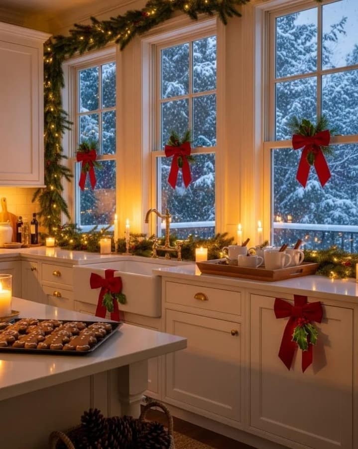 21. Classic White and Red Kitchen with Candlelit Window Garland - christmas decor kitchen ideas