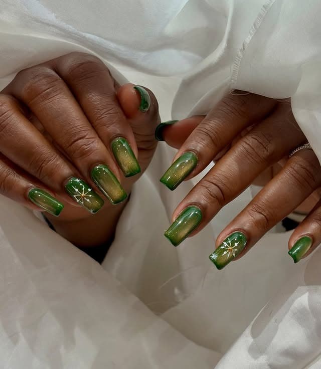 4. Green Ombre Glitter Square Nails with Floral Detail - green christmas nail ideas