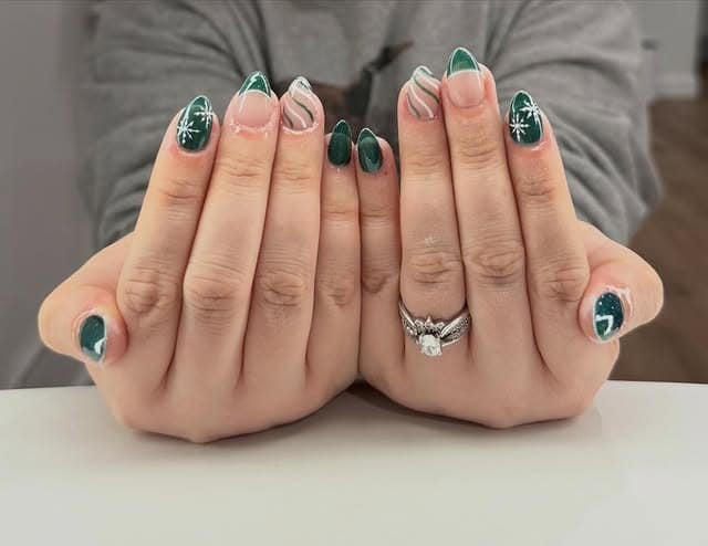 8. Mixed Green French and Swirl Holiday Nails - green christmas nail ideas