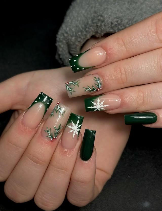 10. Matte and Gloss Green Botanical Winter Nails - green christmas nail ideas