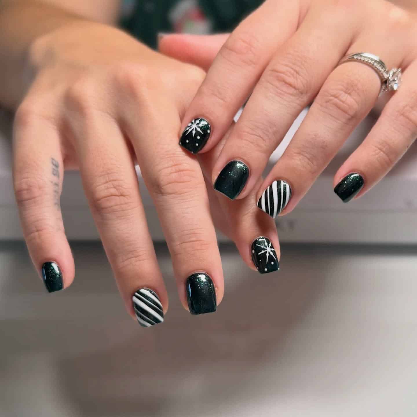 12. Deep Green Short Nails with Snowflake and Stripe Accents - green christmas nail ideas