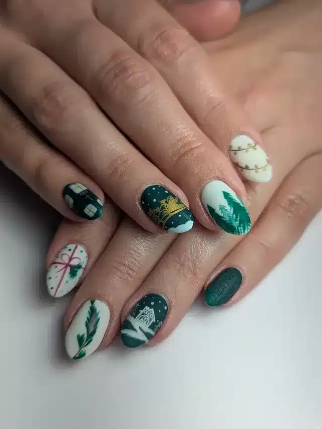 13. Mixed Green Holiday Nail Art with Winter Motifs - green christmas nail ideas