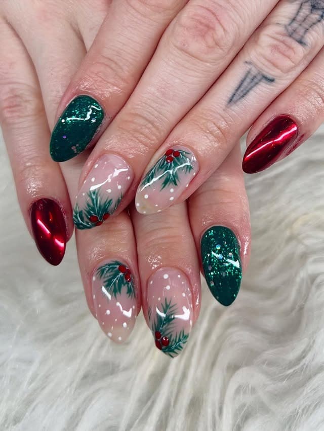 14. Emerald and Ruby Holiday Almond Nails with Pine Details - green christmas nail ideas