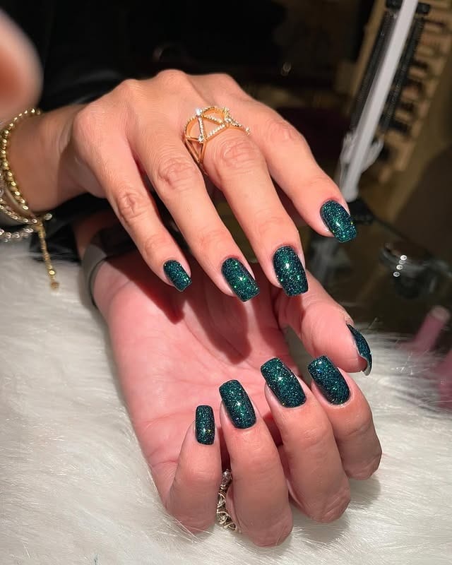 16. Emerald Glitter Square Nails with Full Coverage Sparkle - green christmas nail ideas
