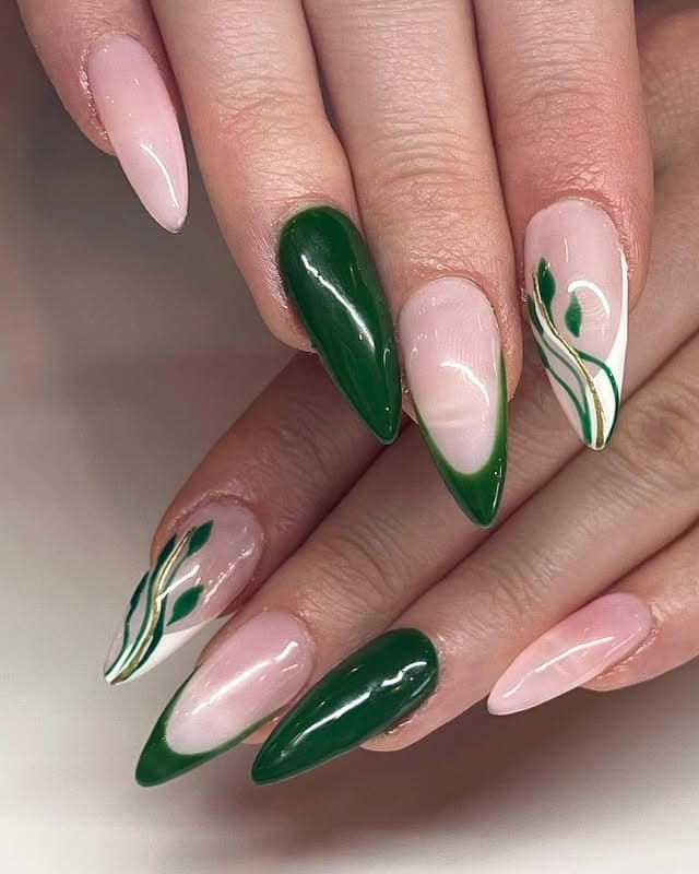 19. Glossy Green Almond Nails with Minimal Botanical Line Art - green christmas nail ideas