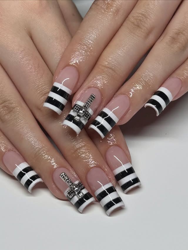 6. Pink and Nude Almond Nails with Gold and Magenta Lines - lines nail ideas