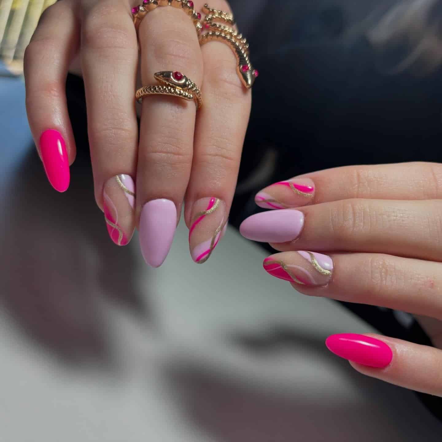 13. Long Square Nails with Baby Pink Base and Blue Swirl Lines - lines nail ideas
