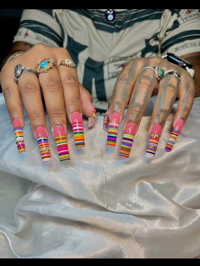 15. Nude Square Nails with Black French Tips and Abstract Line Detail - lines nail ideas