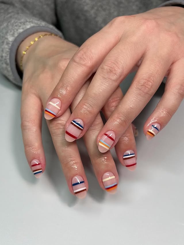 16. Long Square Pink Nails with Rainbow Stripe Line Design - lines nail ideas