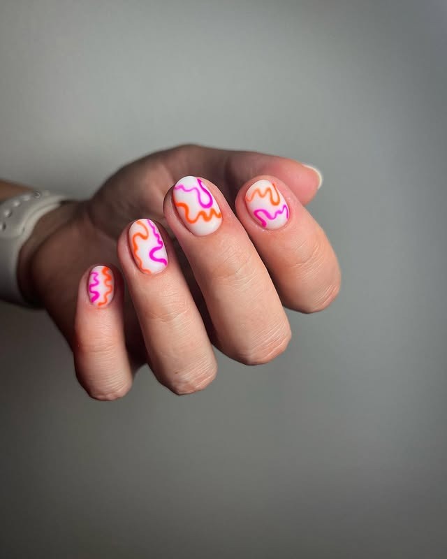 17. Short Nude Nails with Minimal Multicolor Horizontal Line Accents - lines nail ideas