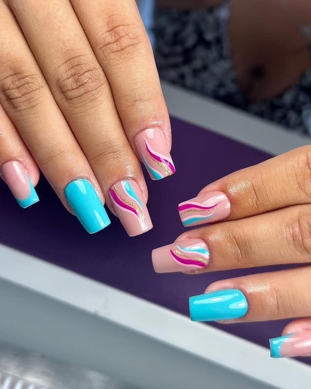 18. Short Blue Nails with Dark Blue Horizontal Line Detailing - lines nail ideas