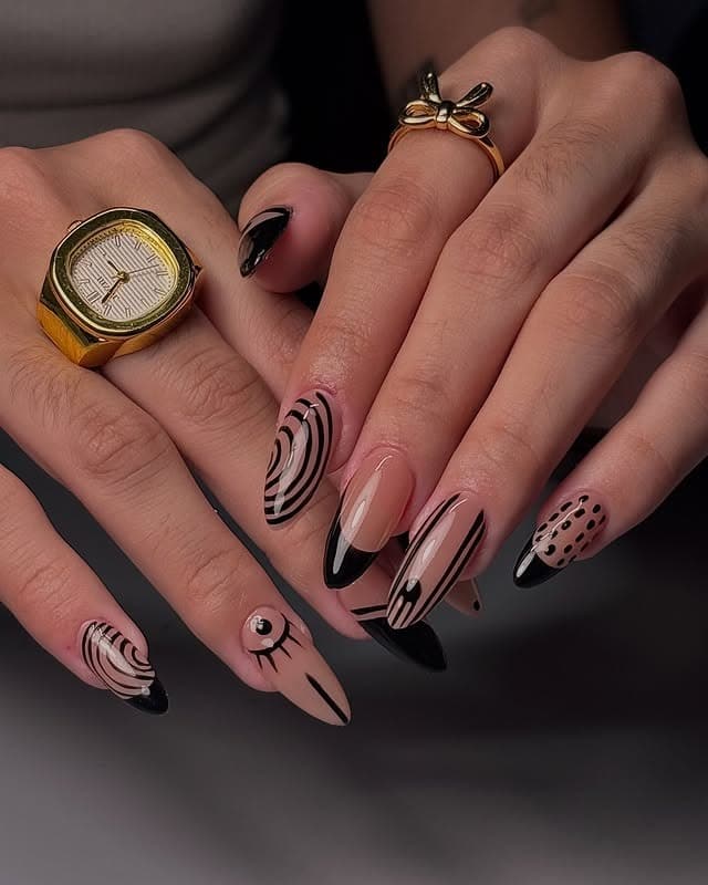 19. Nude Square Nails with Black and White Stripe French Tips and Rhinestone Detail - lines nail ideas