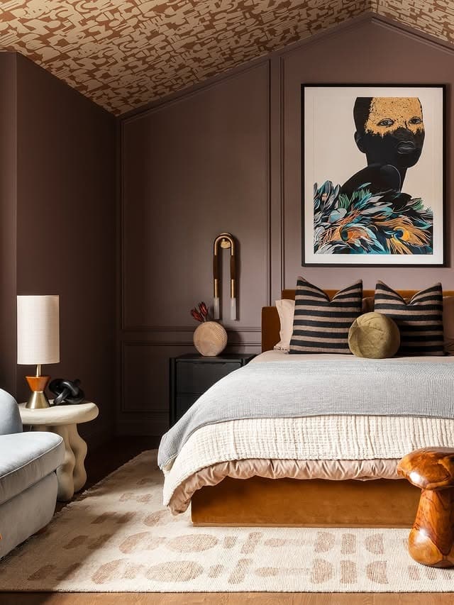 1. Rich Chocolate Panel Bedroom with Artistic Accent - brown bedroom ideas