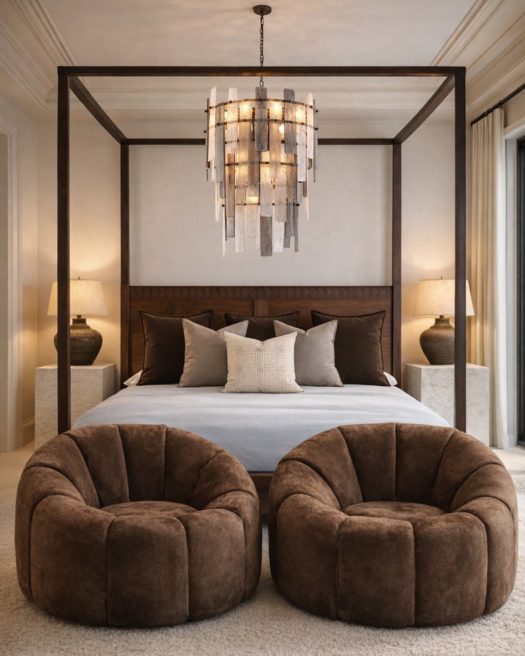 3. Classic Brown Canopy Bedroom with Sculptural Lighting - brown bedroom ideas