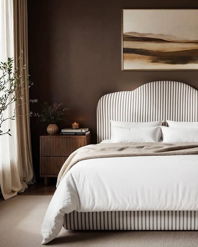 6. Dark Brown Accent Wall with Light Upholstered Bed - brown bedroom ideas