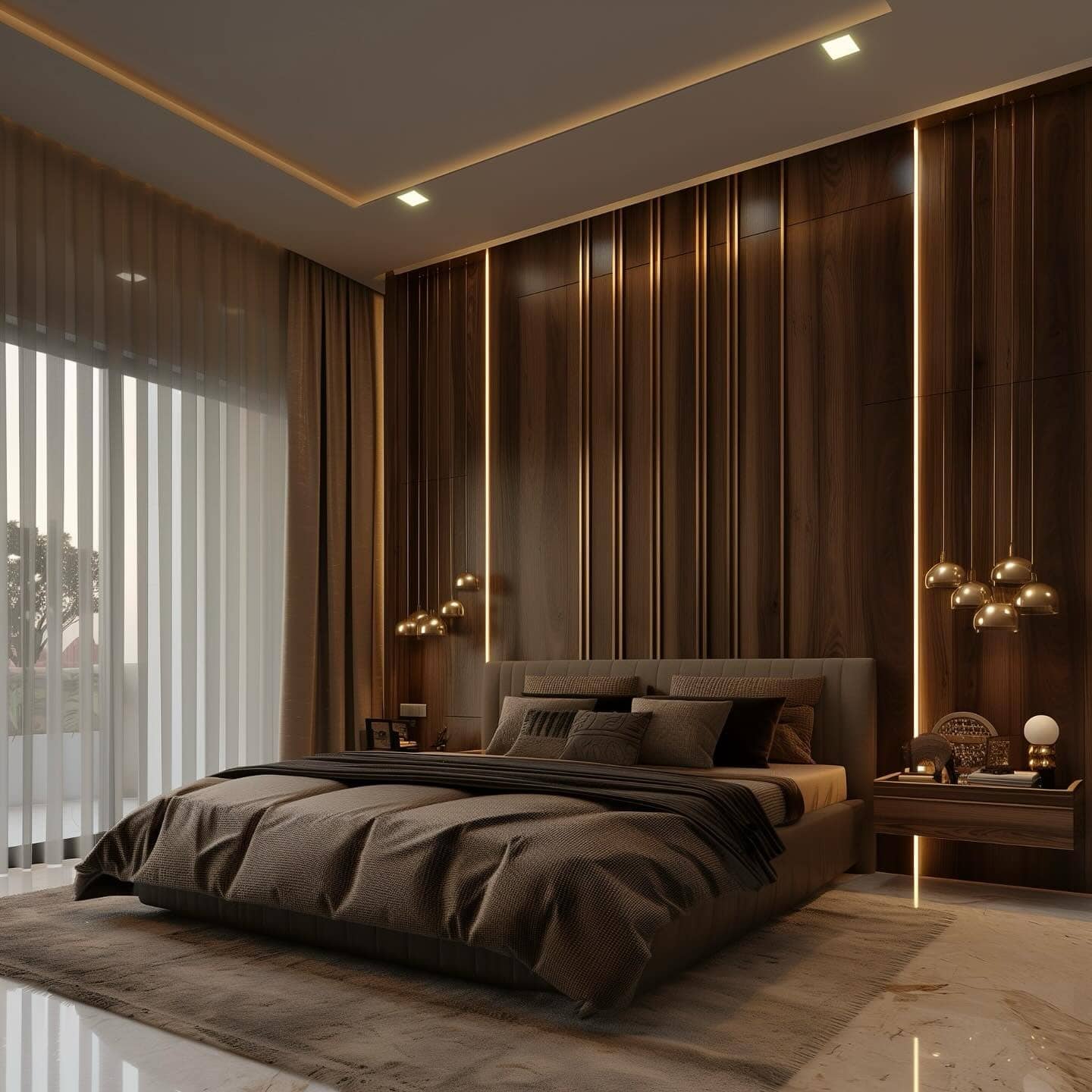 8. Contemporary Brown Bedroom with Vertical Wood Detailing - brown bedroom ideas