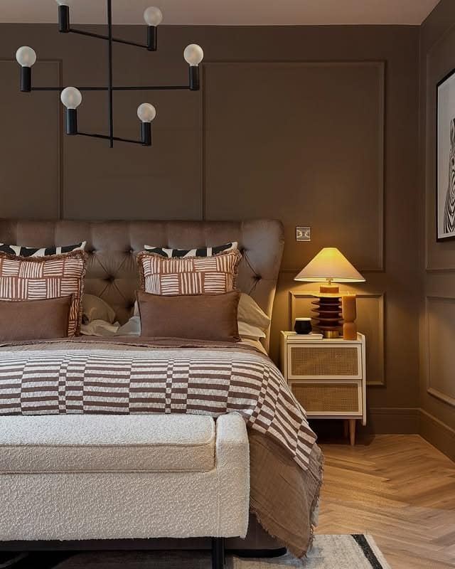 9. Earthy Brown Bedroom with Textured Layers and Pattern Play - brown bedroom ideas
