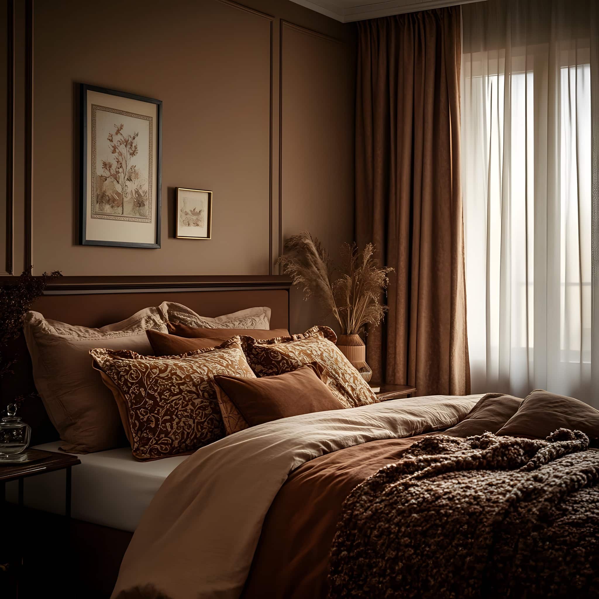 11. Warm Cinnamon Brown Bedroom with Layered Textiles - brown bedroom ideas
