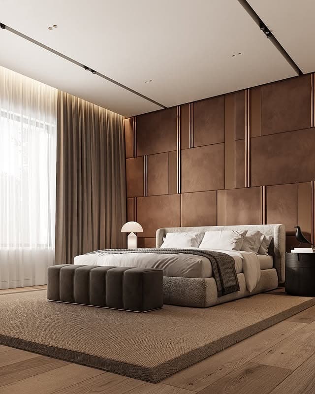 12. Modern Mocha Panel Bedroom with Architectural Wall Design - brown bedroom ideas