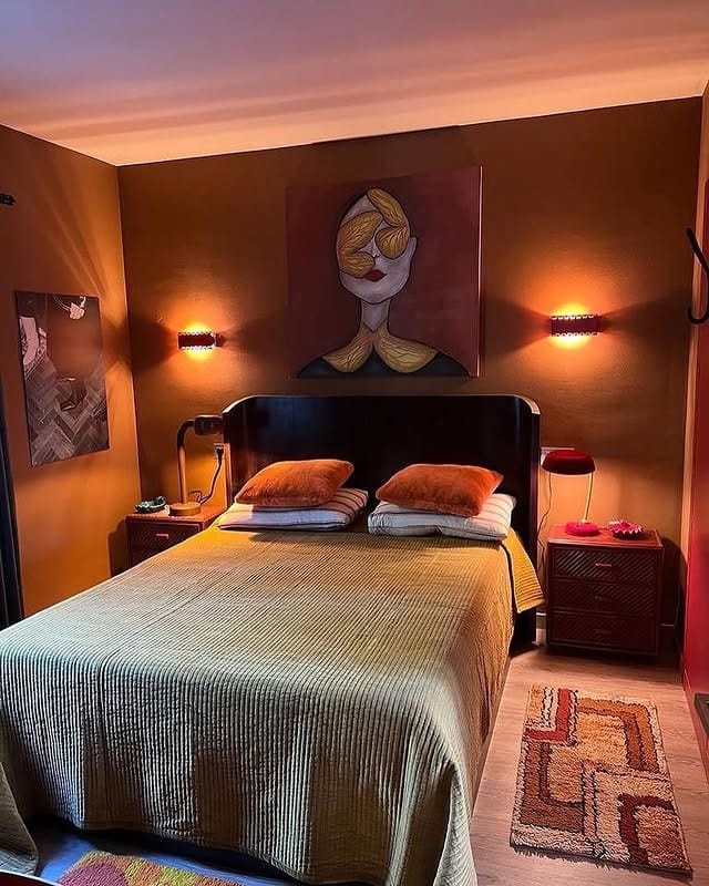 14. Terracotta Brown Bedroom with Retro Accents - brown bedroom ideas