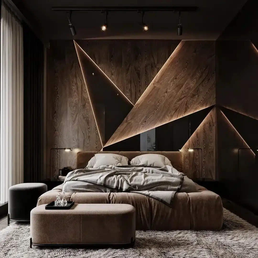 15. Dark Espresso Bedroom with Geometric Feature Wall - brown bedroom ideas
