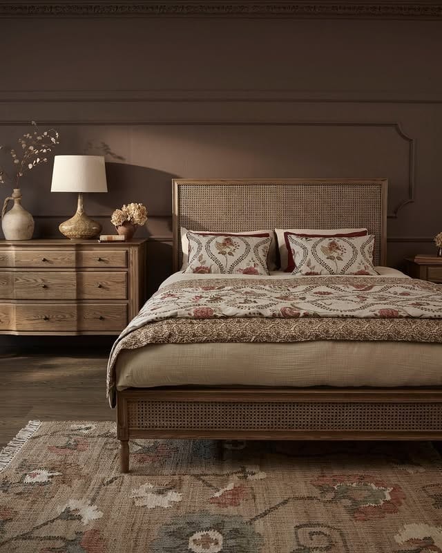 18. Rustic Brown Bedroom with Cane and Patterned Textiles - brown bedroom ideas