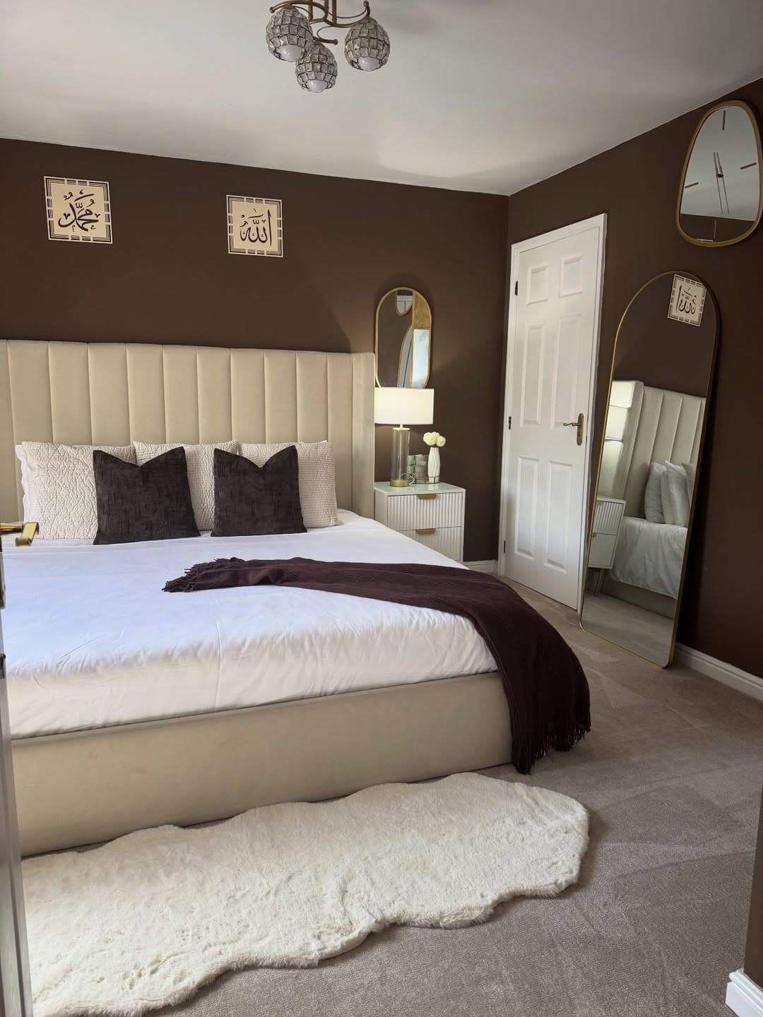 19. Deep Brown Accent Wall with Light Upholstery Contrast - brown bedroom ideas