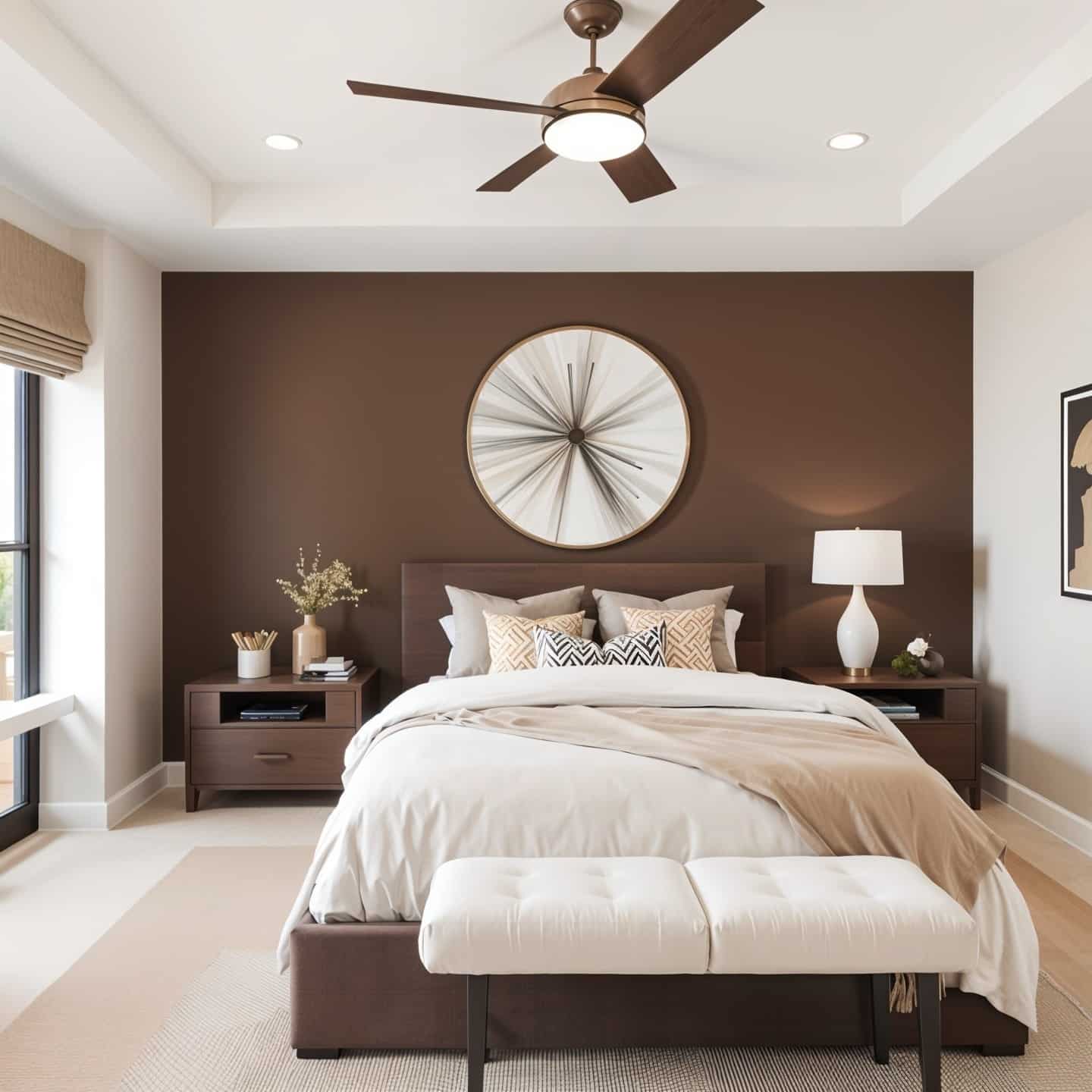 20. Soft Mocha Bedroom with Clean Symmetry and Light Accents - brown bedroom ideas