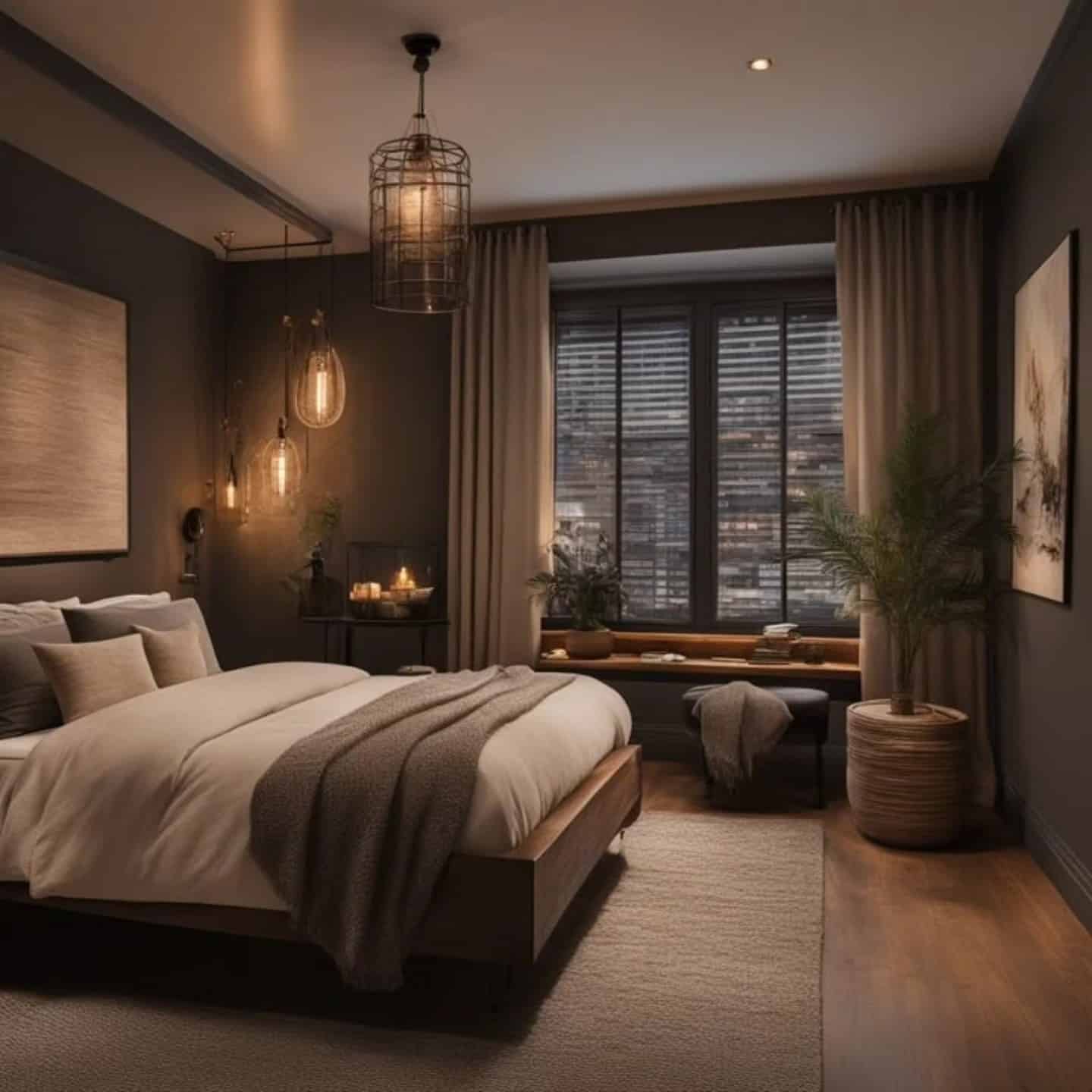 21. Dark Espresso Bedroom with Ambient Pendant Lighting - brown bedroom ideas