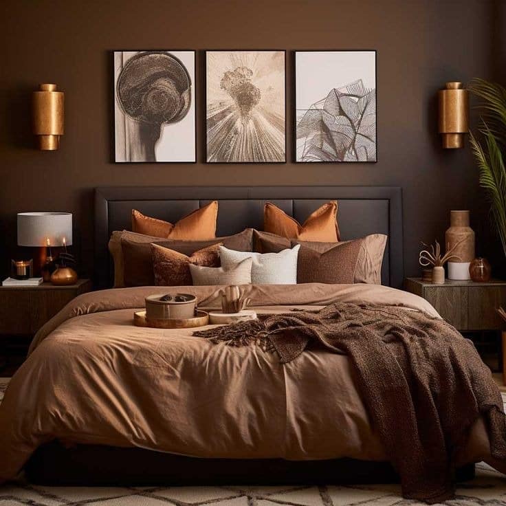22. Rich Cocoa Bedroom with Layered Bedding and Art Trio - brown bedroom ideas