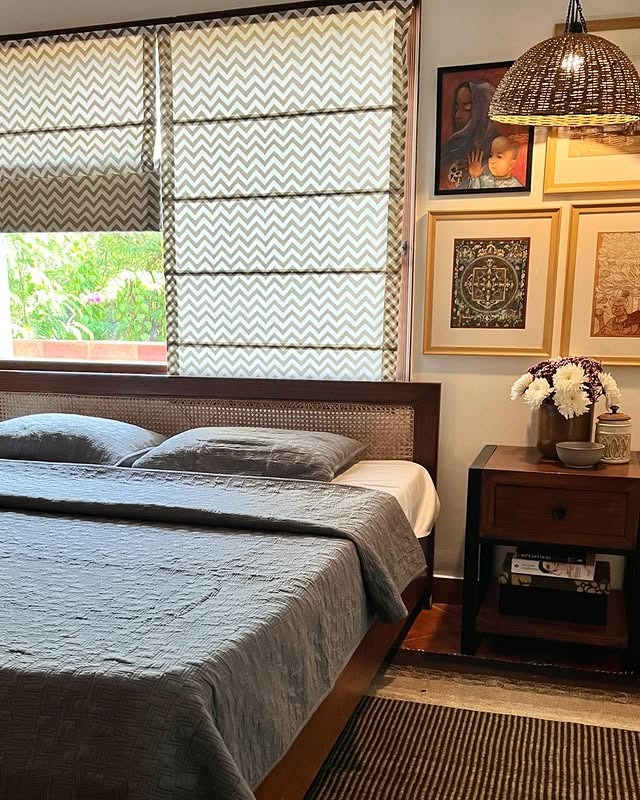 12. Warm Wood and Neutral Bedroom with Patterned Accents - simple bedroom ideas