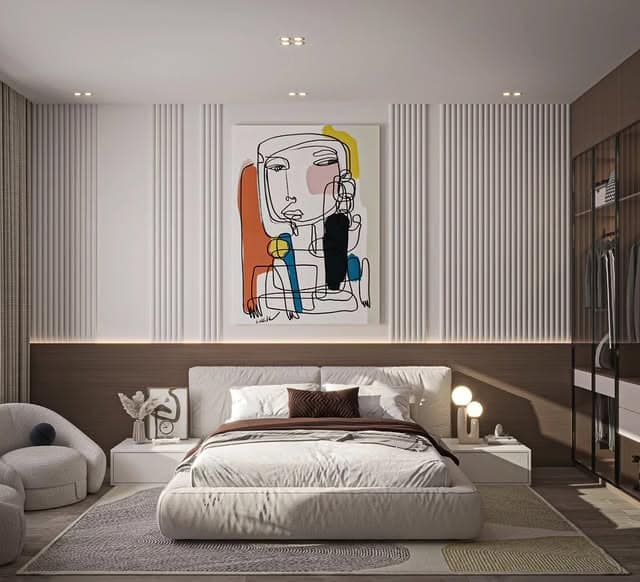 15. Contemporary Neutral Bedroom with Artistic Feature Wall - simple bedroom ideas