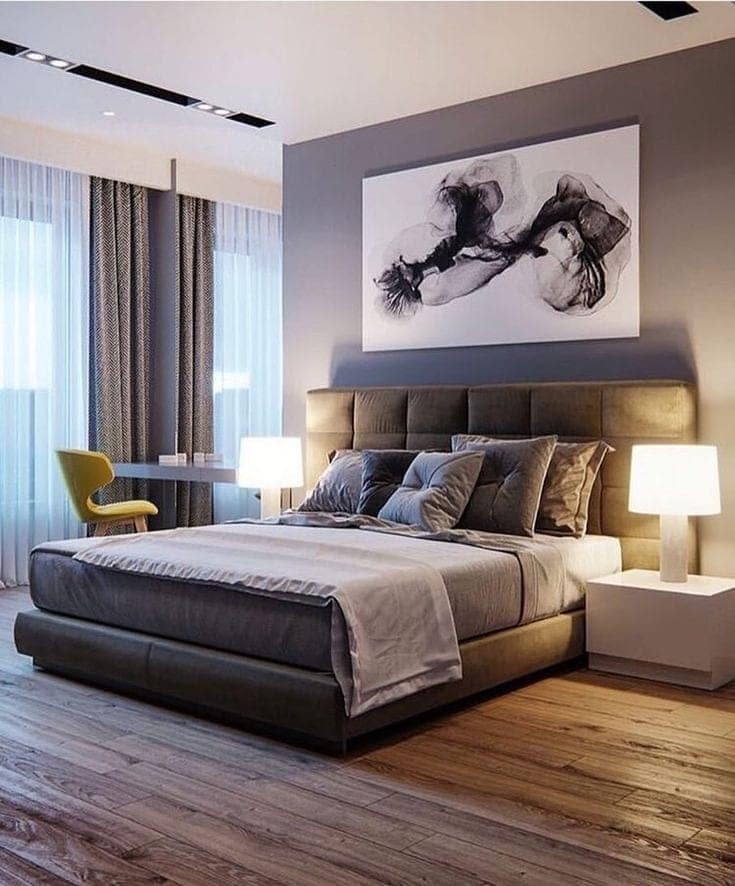 17. Modern Gray Bedroom with Statement Artwork - simple bedroom ideas