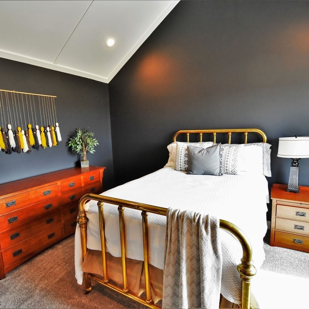 21. Moody Black Bedroom with Brass Bed Frame - simple bedroom ideas