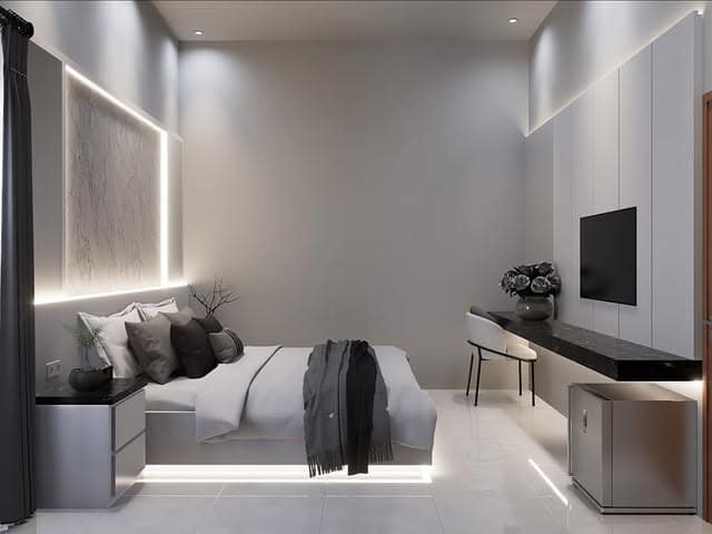 22. Modern White and Gray Bedroom with LED Accents - simple bedroom ideas