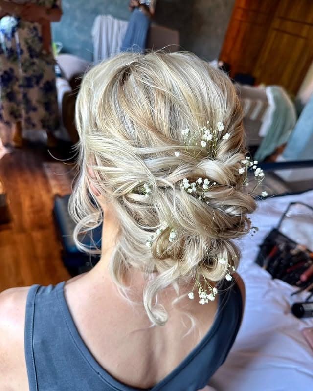 8. Bridal Low Bun with Pearl Headband in Rich Brown - Low Messy Hair Bun