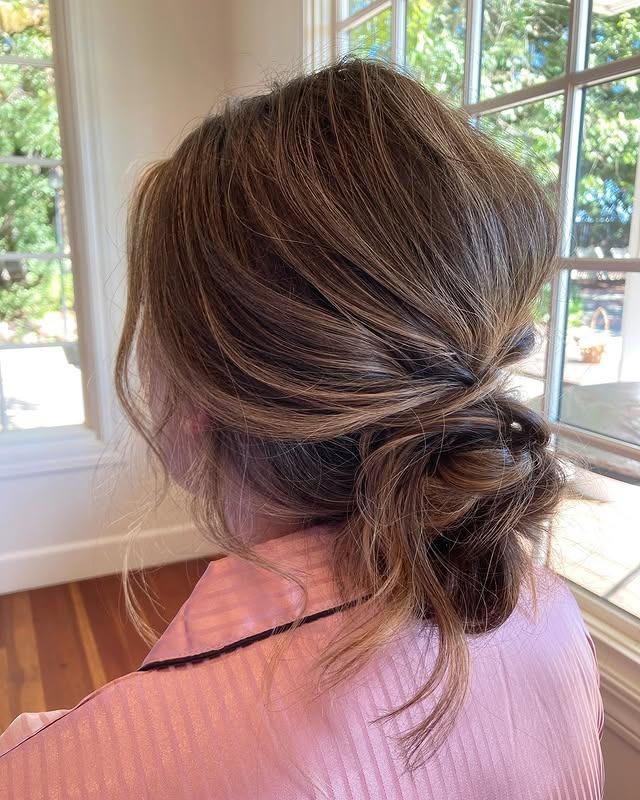 21. Textured Low Bun with Soft Brunette Balayage - Low Messy Hair Bun