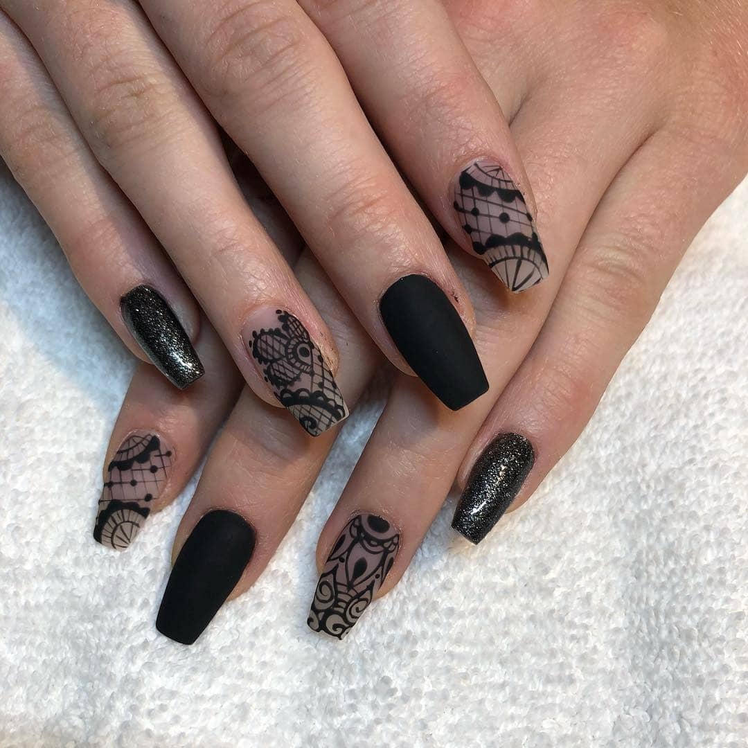 1. Matte Black Lace Coffin Nails - black nail ideas