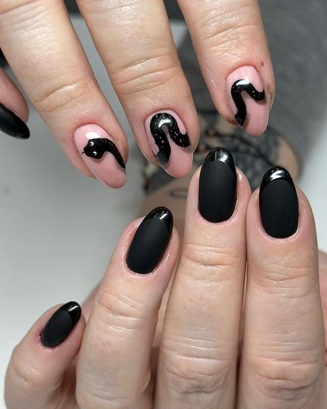 4. Glossy Black French Drip Nails - black nail ideas