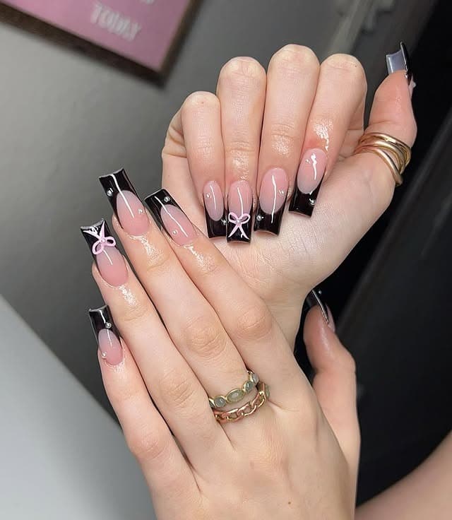 7. Black French Tip Bow Nails - black nail ideas