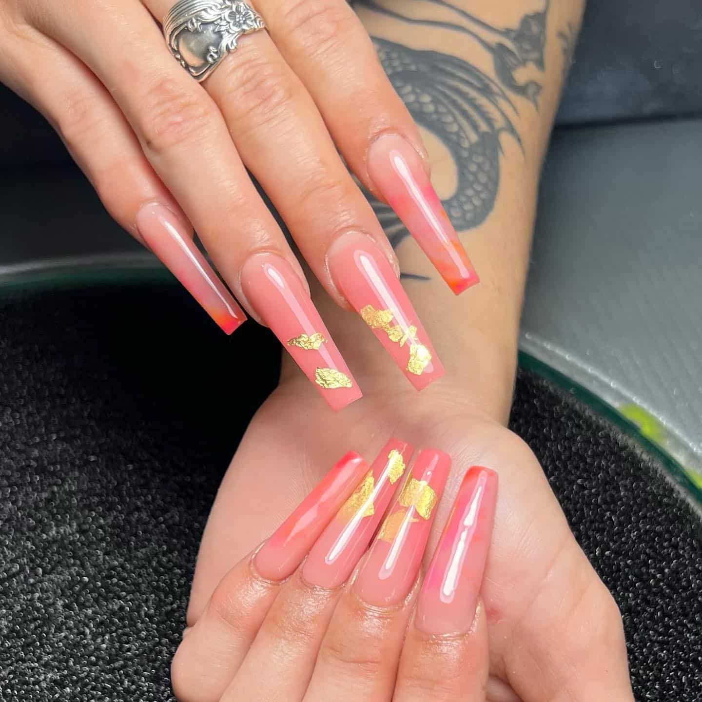 2. Coral Ombre Coffin Nails with Gold Foil Accents - dark coffin nail ideas