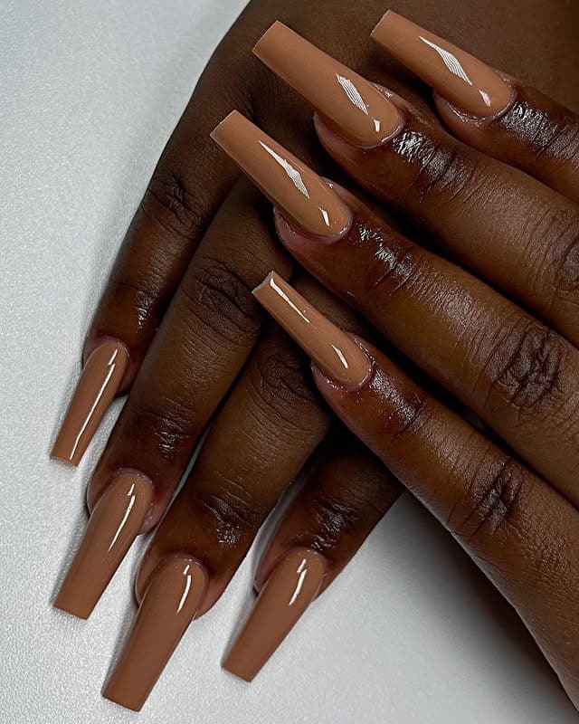 7. Nude Brown Coffin Nails Full Coverage - dark coffin nail ideas