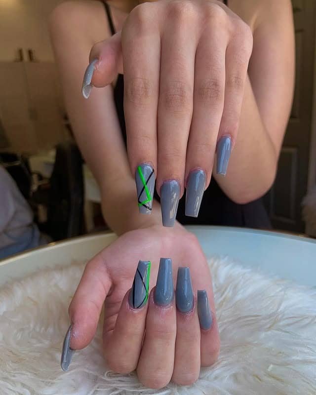 9. Smoky Grey Coffin Nails with Neon Line Detail - dark coffin nail ideas