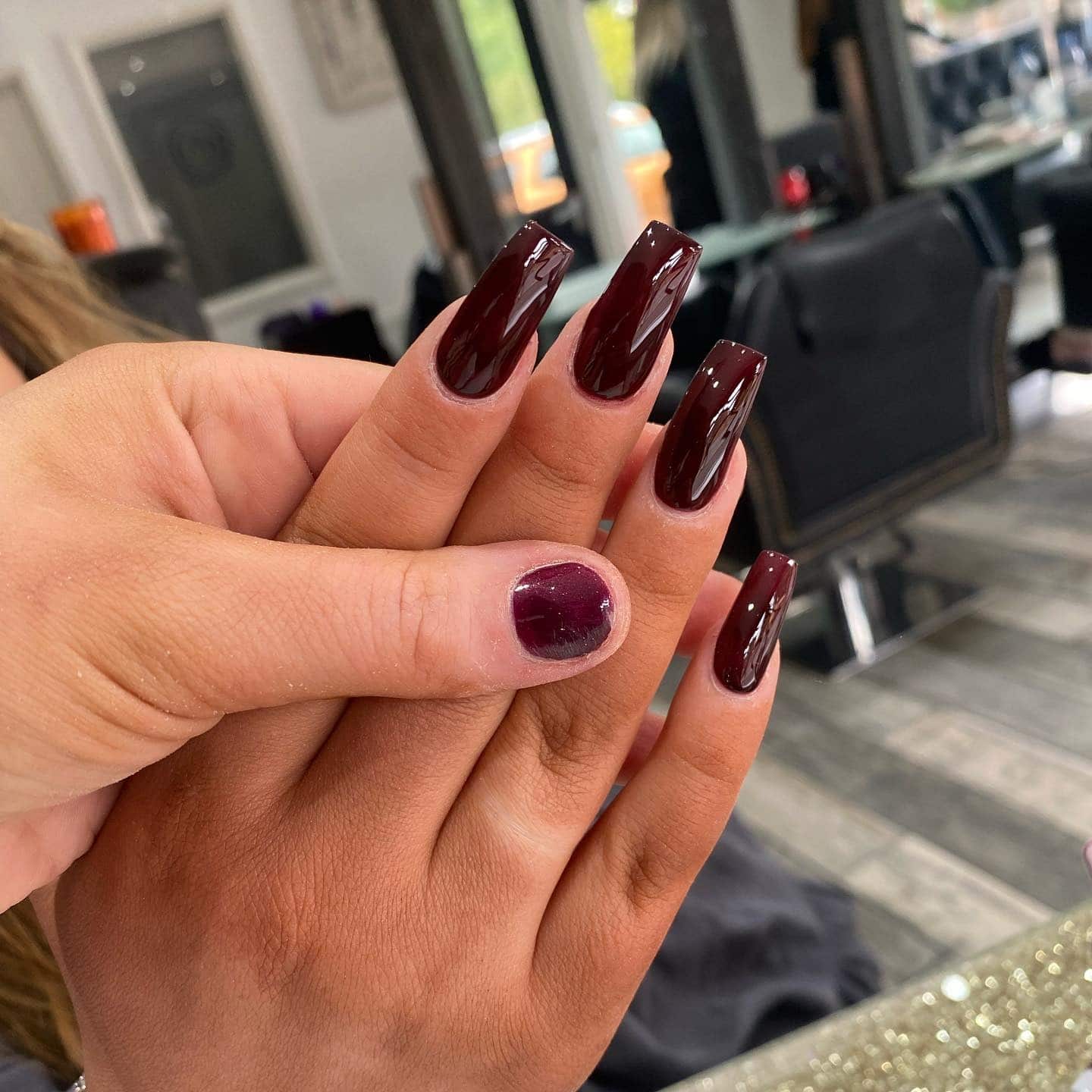10. Dark Cherry Coffin Nails Gloss Finish - dark coffin nail ideas