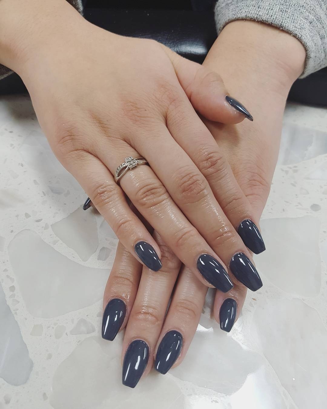 11. Slate Grey Coffin Nails Gloss Finish - dark coffin nail ideas