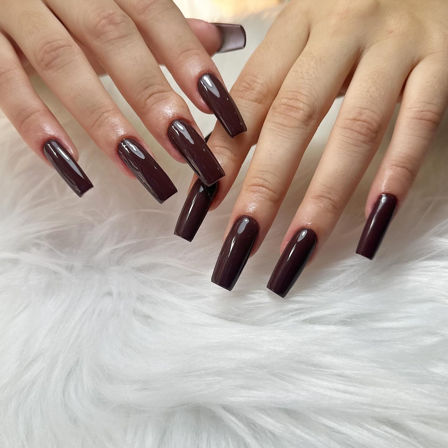 17. Chocolate Brown Coffin Nails Gloss Finish - dark coffin nail ideas