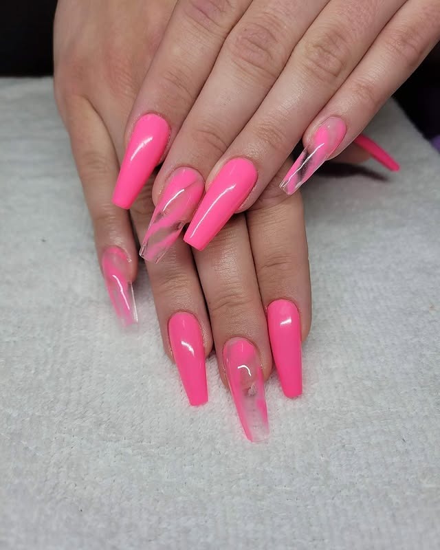 18. Neon Pink Coffin Nails with Marble Accent - dark coffin nail ideas