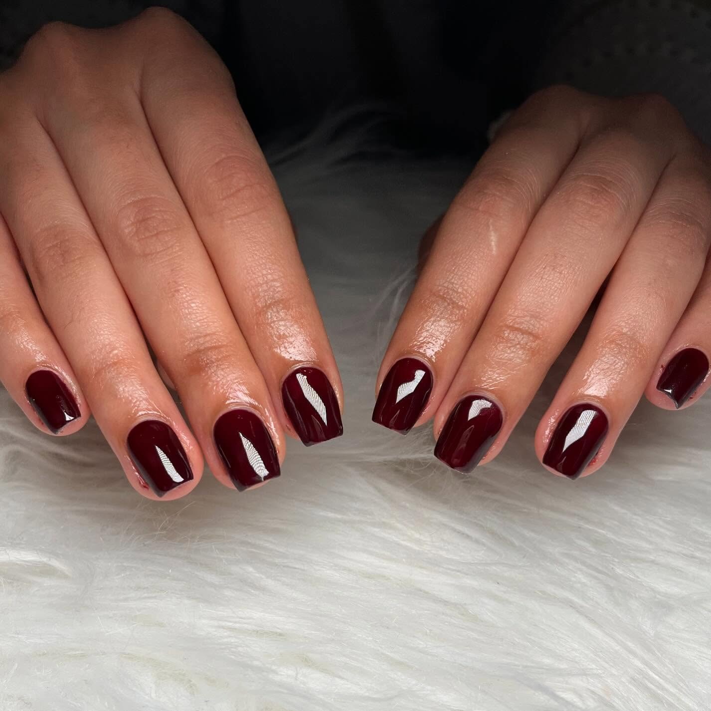 20. Dark Red Short Square Nails Classic Gloss - dark coffin nail ideas